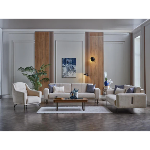 Bellona Mirante Loveseat in Beatto Cream, plush fabric with modern design, showcasing the comfortable seating and stylish appearance.