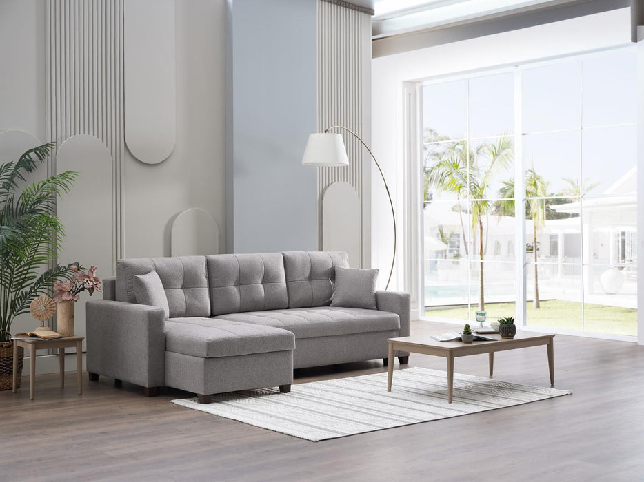 Bellona Mocca Sectional Sofa with three interconnected sections, featuring plush cushions and modern design in a cozy living room setting.