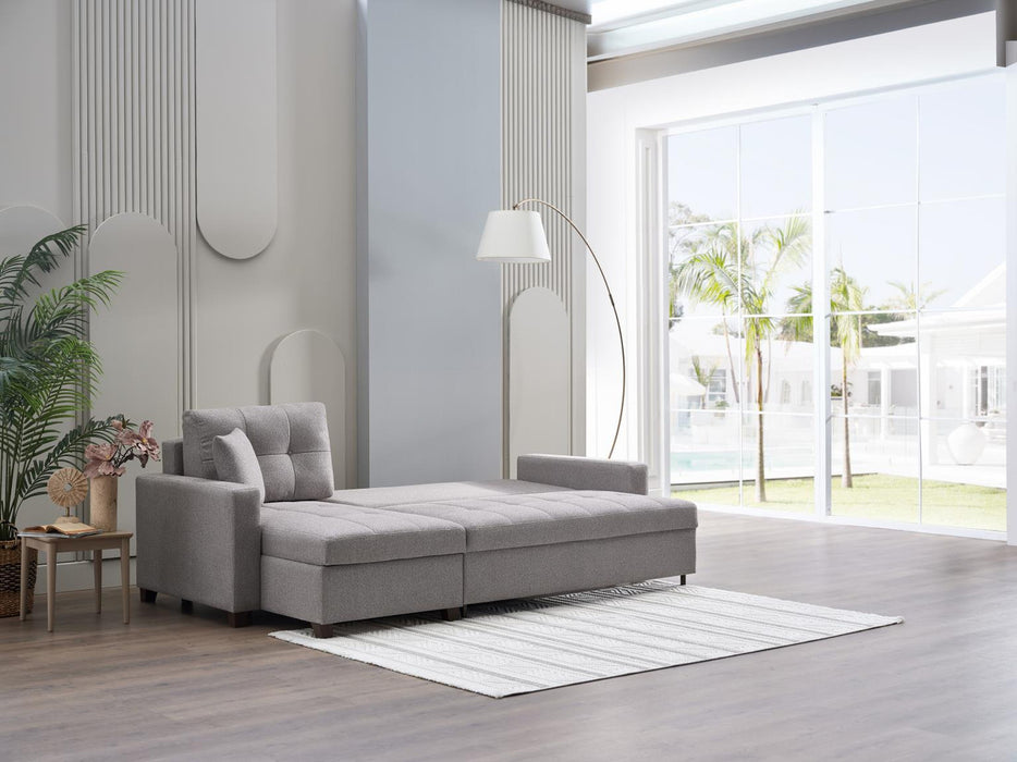 Bellona Mocca sectional sofa with an extra chaise, showcasing plush fabric and modern design in a living room setting.