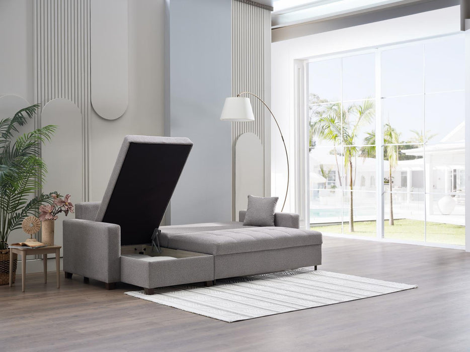 Bellona Mocca sectional sofa with an extra chaise, showing the fabric upholstery and modern design in a living room setting.