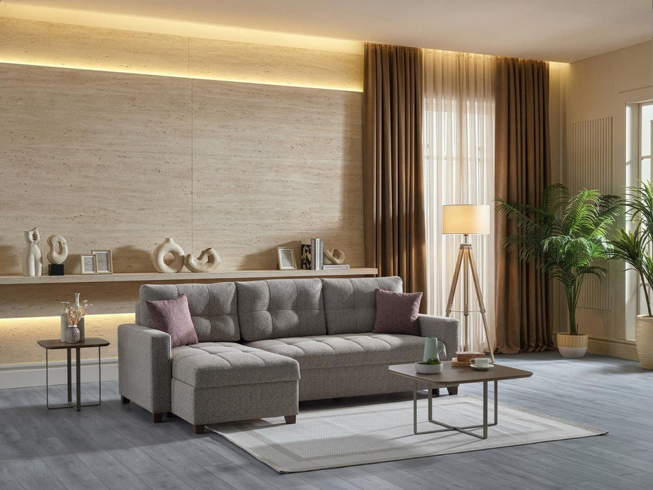 Bellona Mocca sectional sofa with plush cushions and modern design, showcasing a cozy, stylish living room setup.