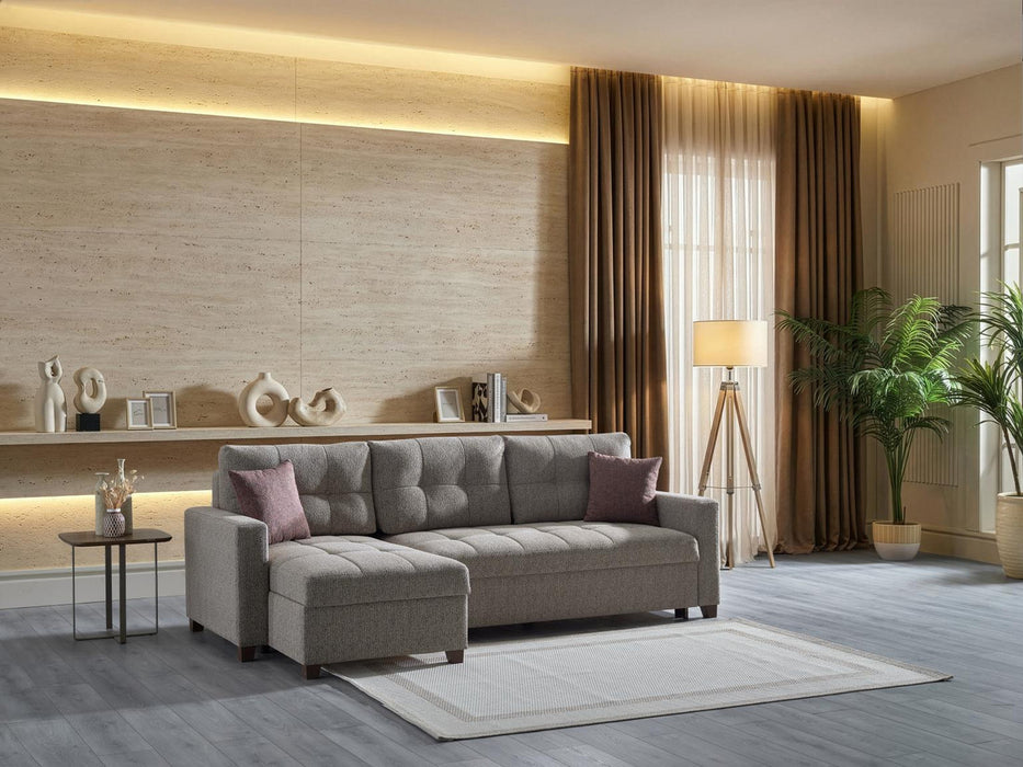 Bellona Mocca sectional sofa with plush cushions and modern design, shown in a spacious living room setting.