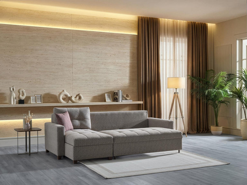 Bellona Mocca sectional sofa with plush cushions and modern design, shown in a spacious living room setting.