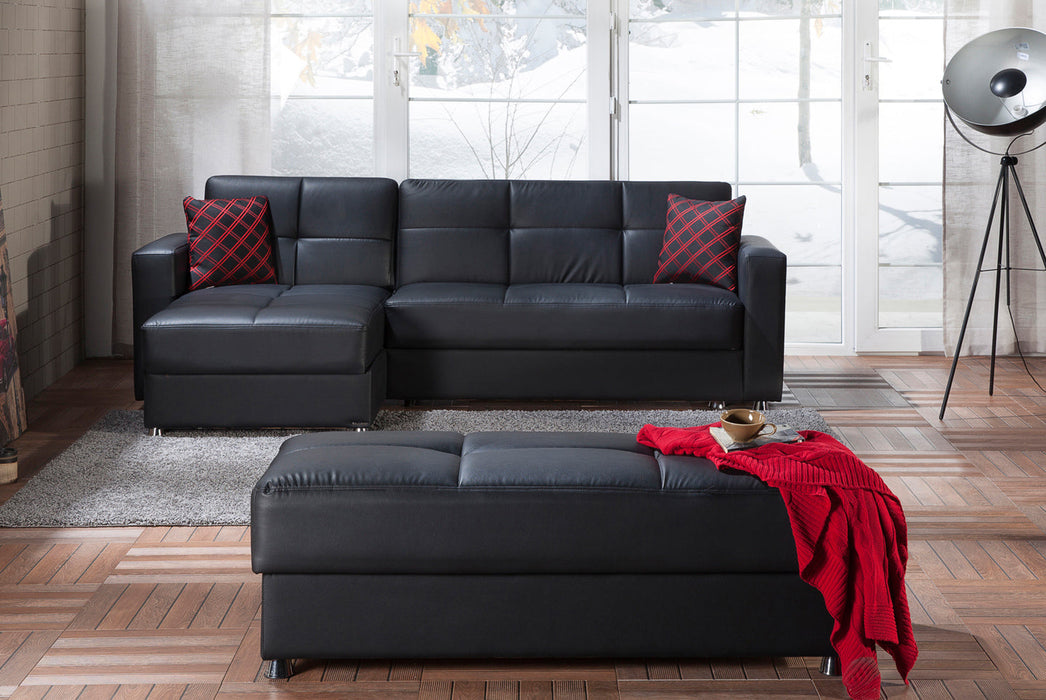 Bellona Elegant Ottoman from sectional sofa set, black fabric with tufted top and wooden legs, stylish and functional home decor piece.