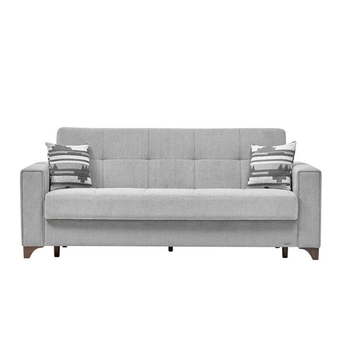 Bellona Parma 3 seat sleeper sofa with beige fabric upholstery and modern design, featuring cushions and a pull-out bed.