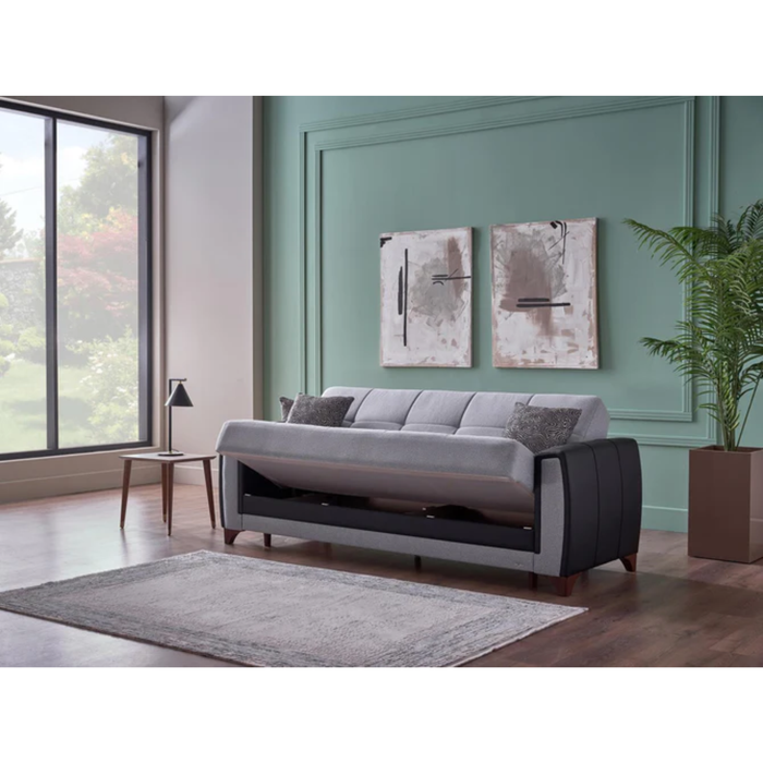 Bellona Dublin 3-seat sleeper sofa in Boss Grey fabric, showing the sofa in both sitting and unfolded bed positions.