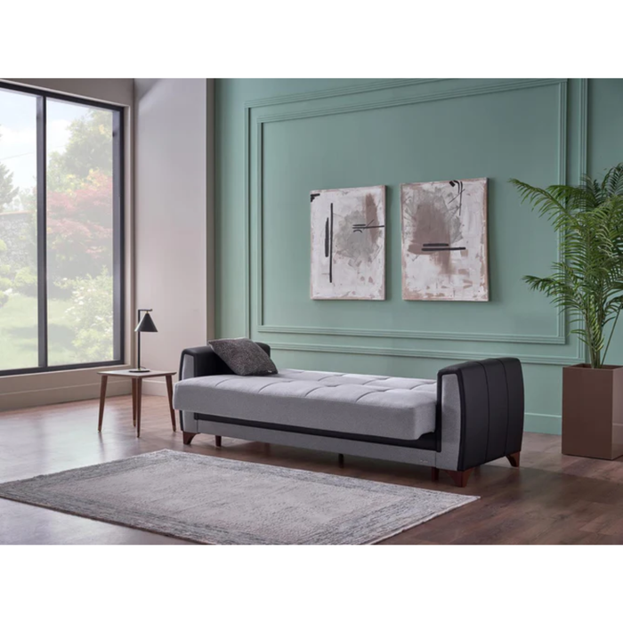 Bellona Dublin 3-seat sleeper sofa in Boss Grey fabric, showing the modern design and convertible sleeping feature.