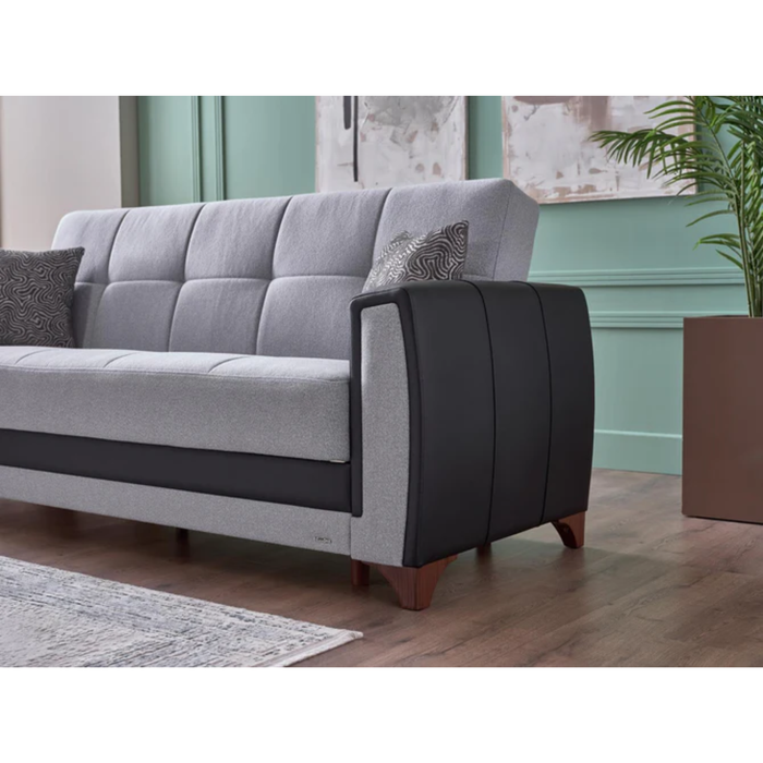 Bellona Dublin 3-seat sleeper sofa in Boss Grey fabric, showing the sofa with cushions and a fold-out bed in a modern living room setting.