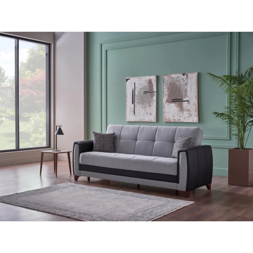Bellona Dublin 3-seat sleeper sofa in Boss Grey fabric, showcasing the sofa with open bed and plush cushions.