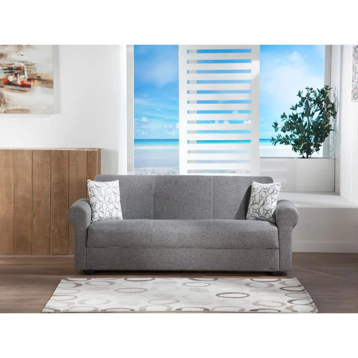 Bellona Elita S 3-seat sleeper sofa with beige fabric, showing the sofa in both sitting and unfolded bed positions.