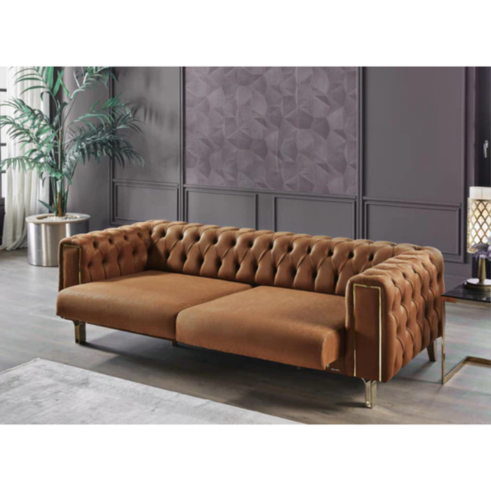 Bellona Montego 3-seat sleeper sofa with plush fabric and modern design, shown with cushions and open bed in a living room setting.