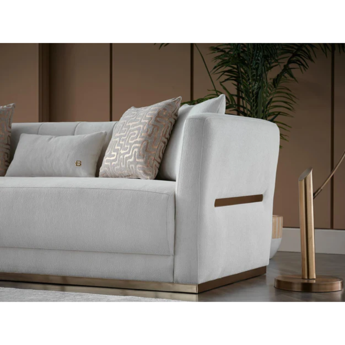 Bellona Monroe 3-seat sleeper sofa with beige fabric upholstery and plush cushions, showcasing its convertible design for overnight guests.