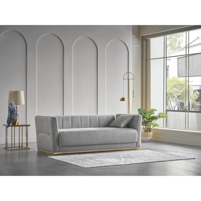 Bellona Monroe 3-seat sleeper sofa with gray fabric upholstery and plush cushions, displayed in a modern living room setting.