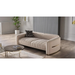 Bellona Veronica 3-seat sleeper sofa with beige fabric, plush cushions, and wooden legs, shown in a living room setting.