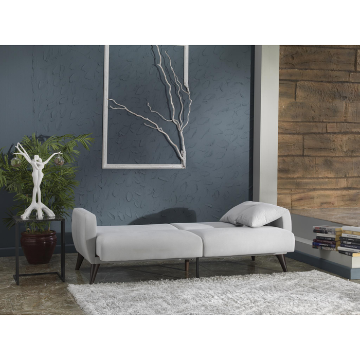 Bellona Flexy Sofa in a Box, modern foldable sofa with plush cushions and fabric upholstery, ready for easy setup.