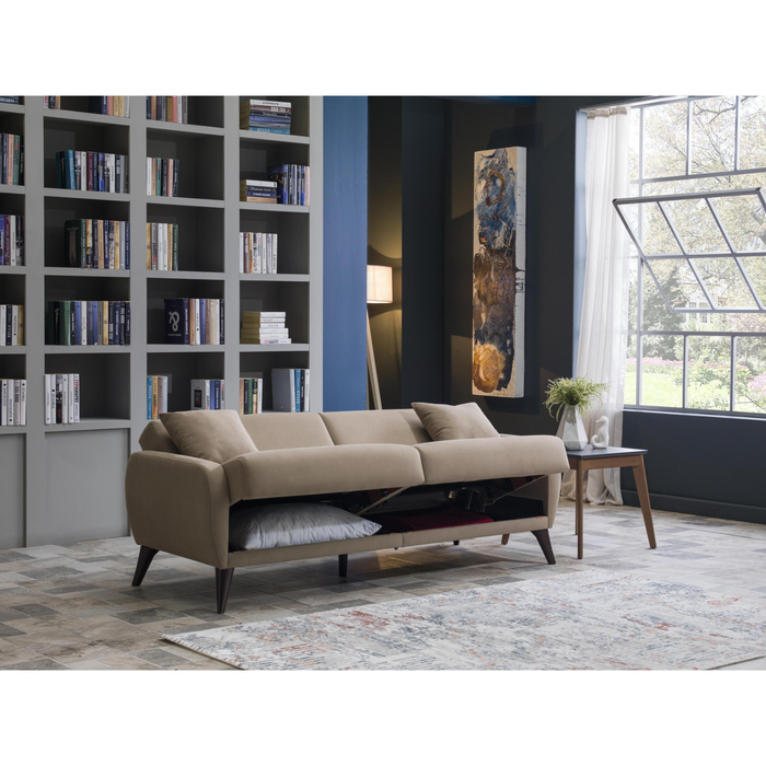 Bellona Flexy Sofa in a Box, a compact sofa with modern design and plush cushions, ready for easy transportation and setup.
