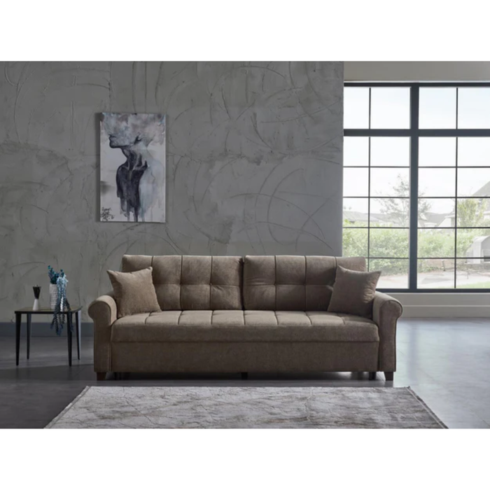 Bellona Mocca P Kol stationary sofa with plush cushions and wooden legs, showcasing a cozy, modern living room setup.