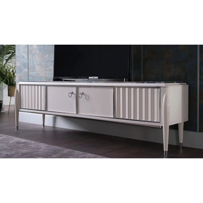 Bellona Ballona Gravita TV stand with sleek black finish, modern design, and open shelving for media devices and accessories.