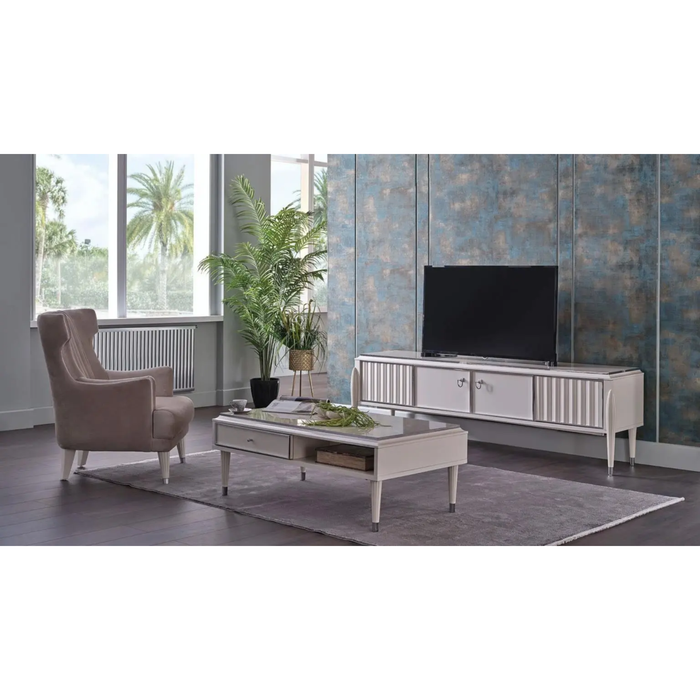 Bellona Ballona Gravita TV stand with sleek wooden finish and open shelving for modern entertainment setups.