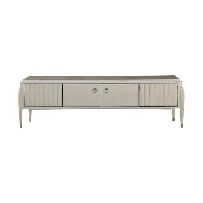 Bellona Ballona Gravita TV stand with sleek wooden finish, open shelves, and space for media devices and decorative items.