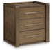 Brown Marxmore three-drawer nightstand by Benchcraft with built-in charging station and sleek wooden finish.