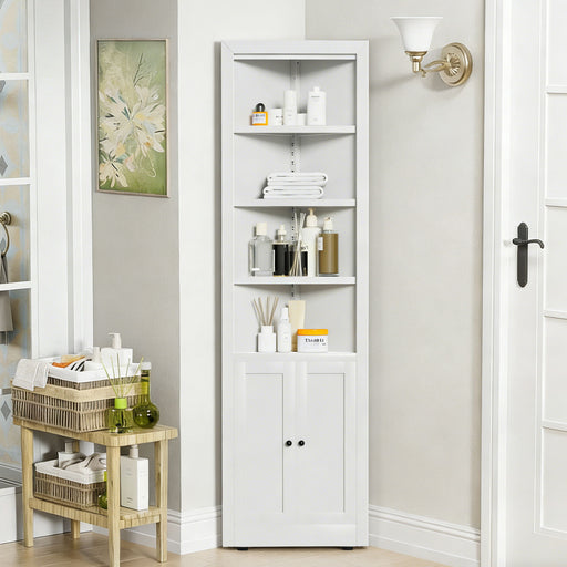 White Giga tall corner storage cabinet with two doors, five-tier adjustable shelves, freestanding accent cabinet.