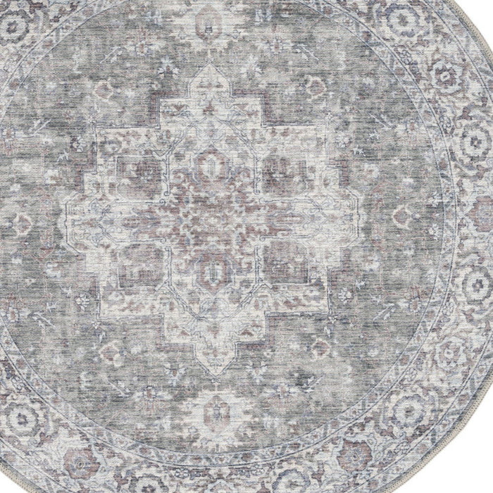4' Floral Power Loom Worn Faded Round Rug (573481) - Gray