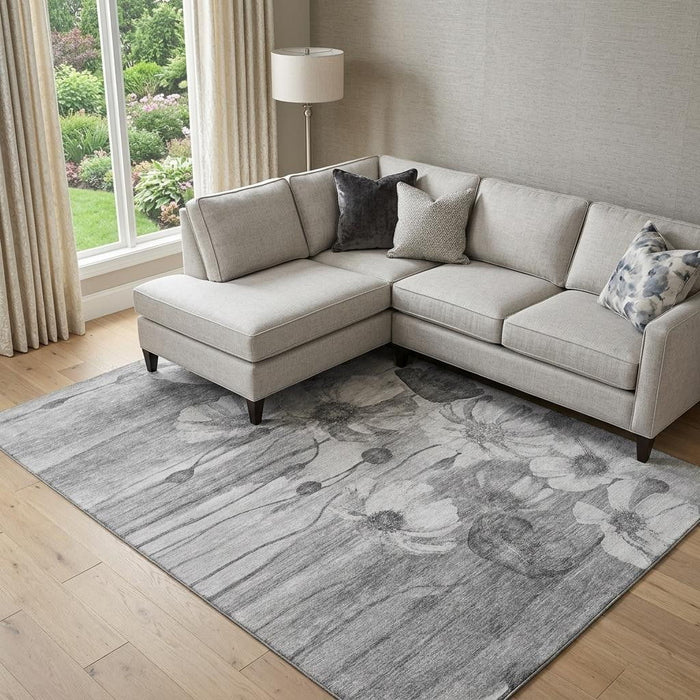 8' X 10' Floral Washable Area Rug With UV Protection (657303) - Gray / Silver
