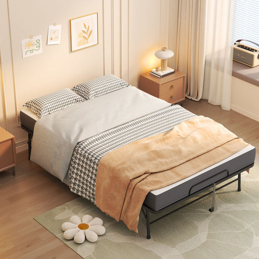 Giga twin wide folding rollaway bed in black with memory foam mattress, extra long and heavy-duty for tall people, shown folded and open