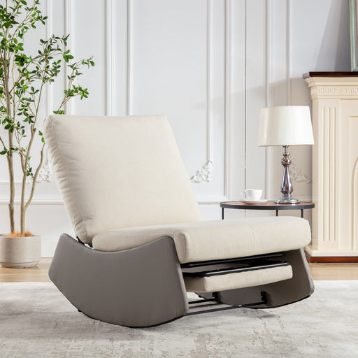 Giga modern upholstered rocking chair with padded seat, footrest, and armrests, ideal for nursery, living room, or bedroom relaxation.