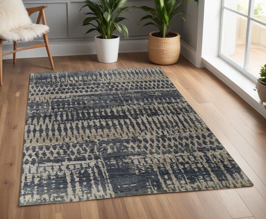 4' x 6' Wool Abstract Hand Knotted Area Rug - Blue Gray And Tan
