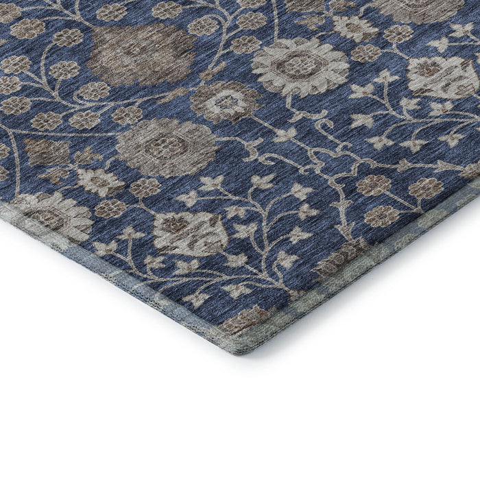 10' X 14' Floral Washable Area Rug With UV Protection (687017) - Navy Blue / Brown / Beige