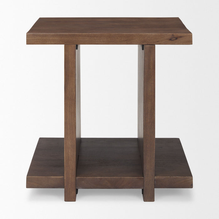 22" Modern Solid Wood Sled End Table With Shelf - Brown