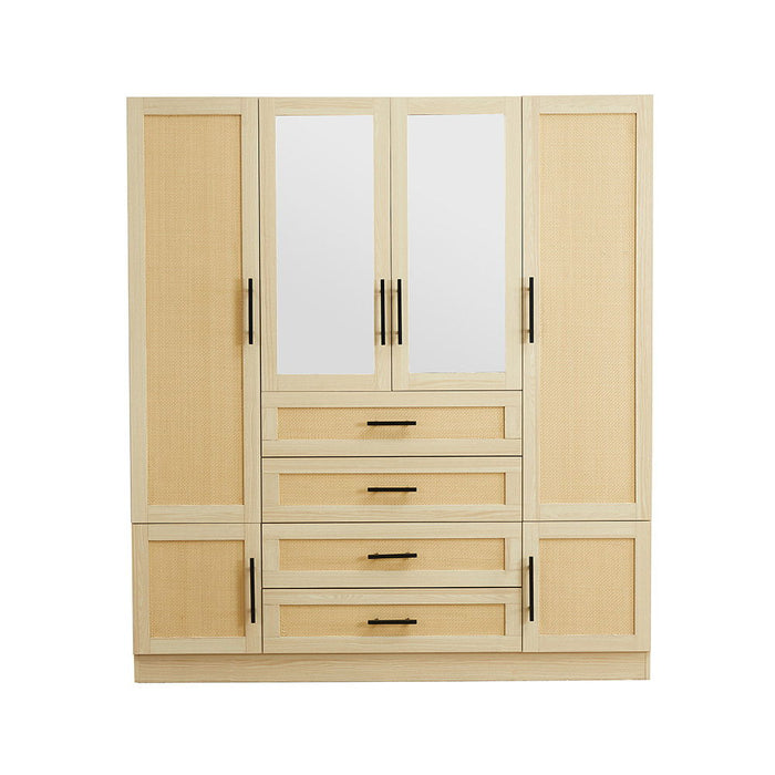 HomeRoots 70-inch wood wardrobe with six doors and four drawers, featuring a natural finish and rat motif design.