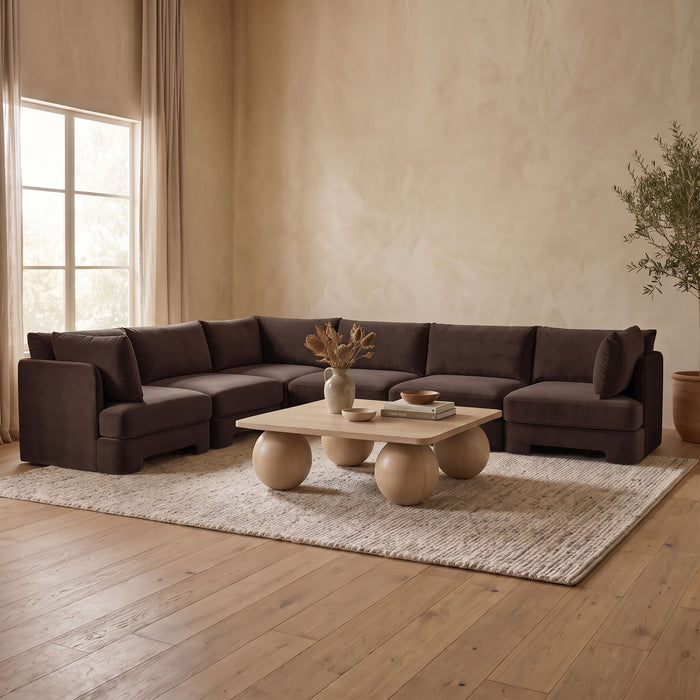 Velvet performance fabric Meridian Furniture 7-piece U-shaped armless sectional sofa with plush cushions and modern design.