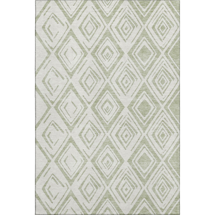 10' X 14' Diamond Washable Area Rug With UV Protection - Artichoke Green And Ivory
