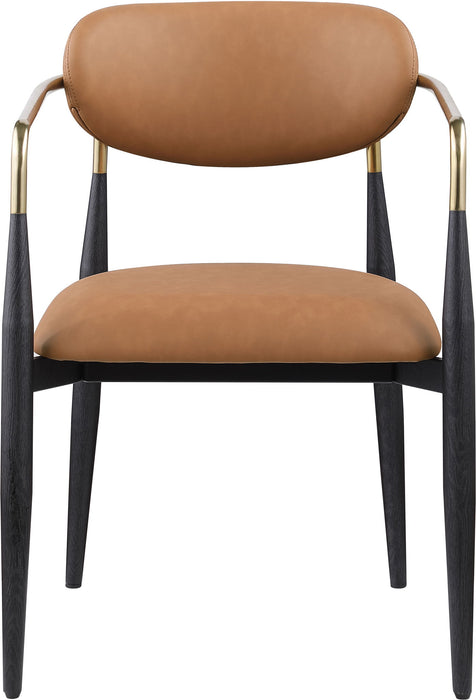 Black-legged Meridian Furniture Ronda vegan leather upholstered dining arm chair with cushioned seat and backrest.