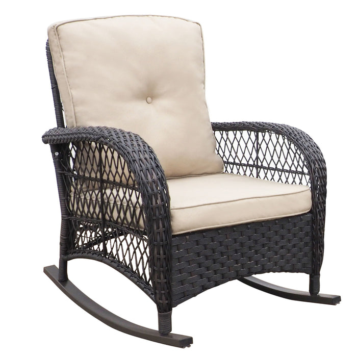 Giga outdoor garden rocking chair with brown and beige all-weather resin wicker, powder-coated metal frame, perfect for patio lounging