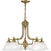 Five-light metal chandelier with white shades and antiqued brass finish, featuring dimmable lighting and elegant design.