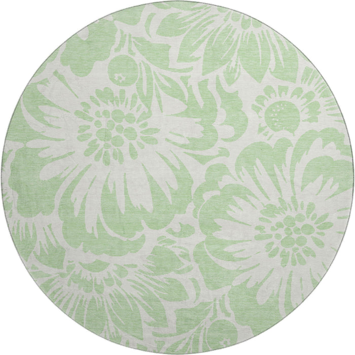 8' Floral Washable Round Rug With UV Protection (648661) - Mint Green / Ivory