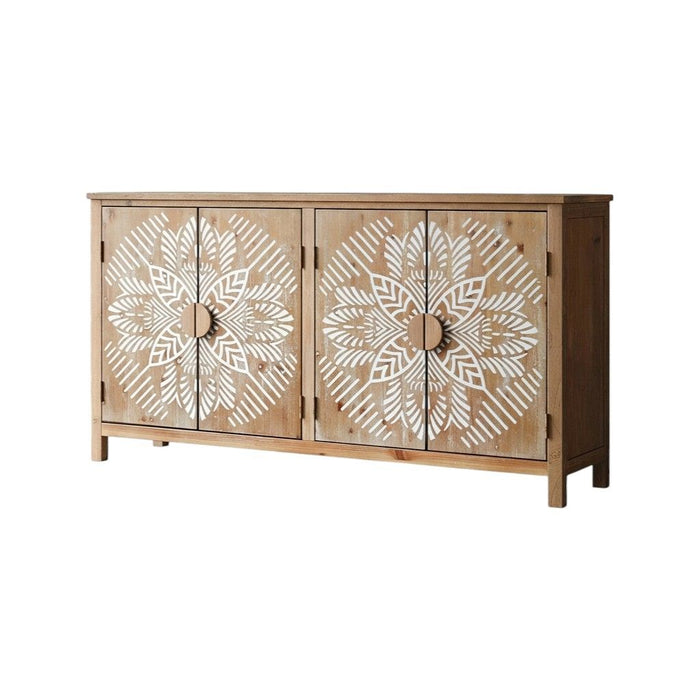 Wood Carved Floral Accent Cabinet With Four Doors - Brown / White