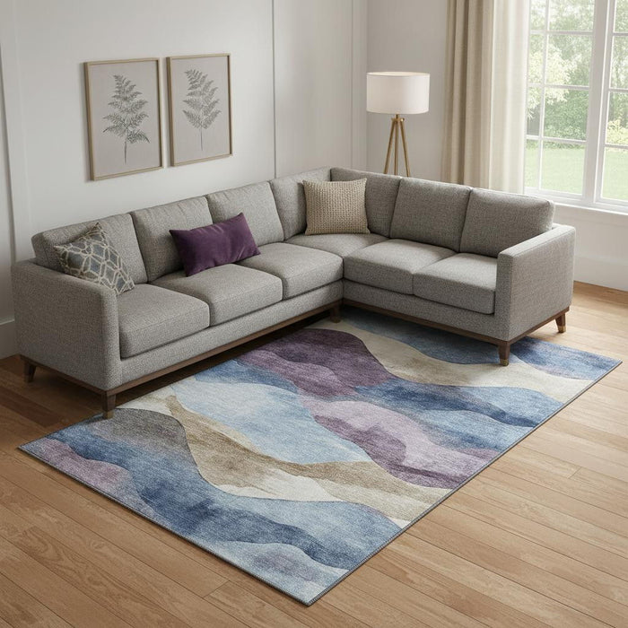 10' X 14' Abstract Washable Area Rug With UV Protection (709618) - Denim Blue / Beige / Eggplant