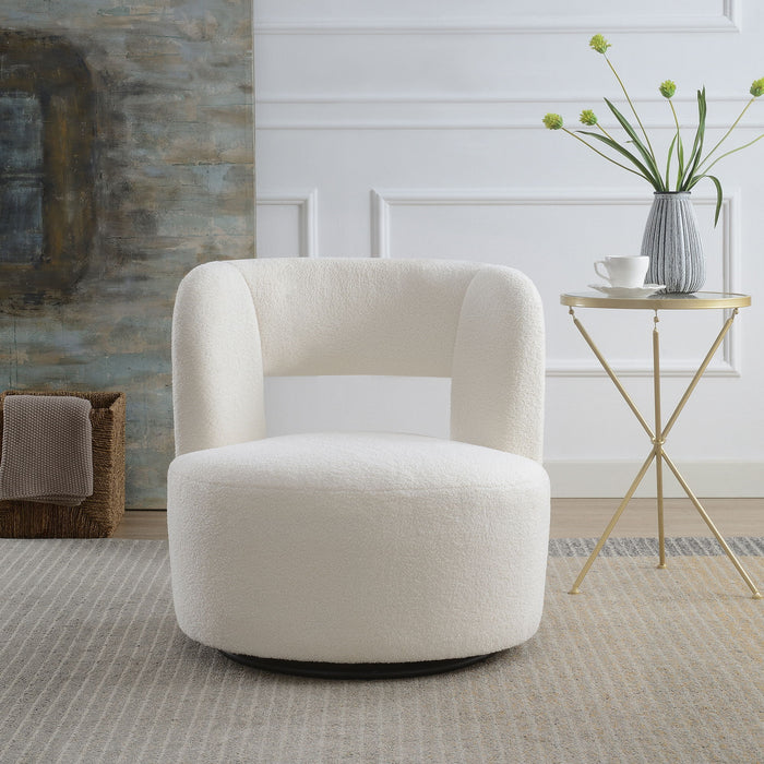 Giga swivel chair with soft teddy fabric, round barrel design, perfect for living room seating and modern interior decor.