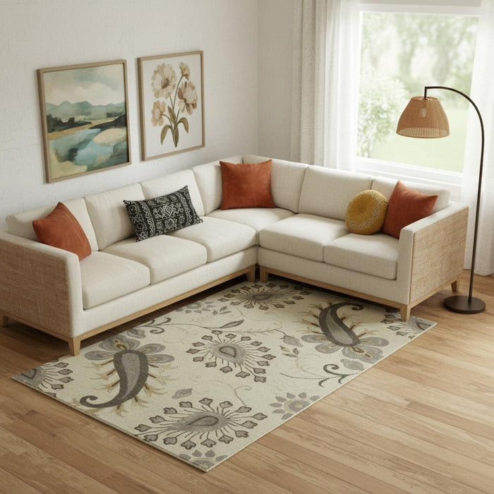 9' X 12' Wool Floral Hand Tufted Area Rug (712718) - Light Gray / Cream