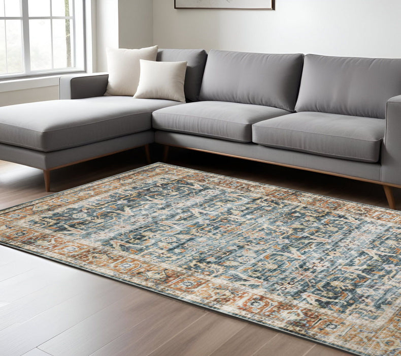 7' x 10' Oriental Printed Stain Resistant Non Skid Area Rug - Blue Rust Gold And Olive
