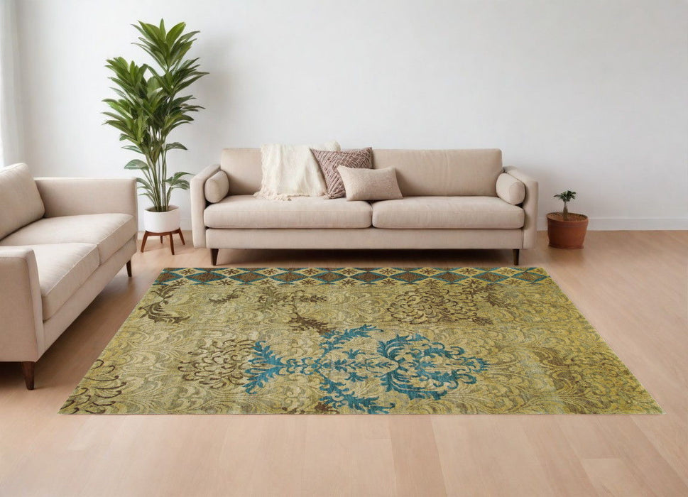 8' x 10' Floral Hand Knotted Area Rug - Tan Blue And Brown