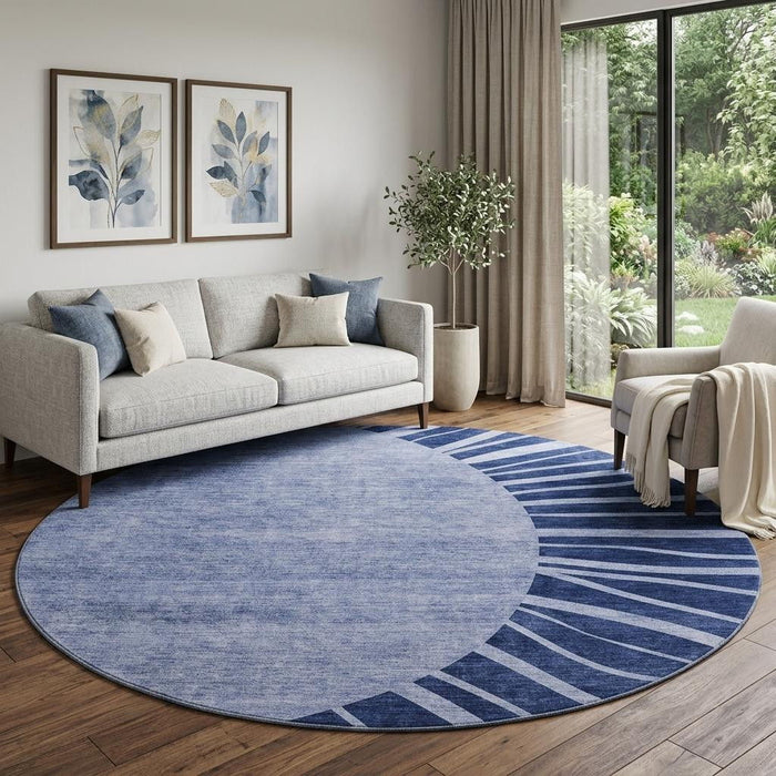 8' Abstract Washable Round Rug With UV Protection (655394) - Navy Blue / Ivory