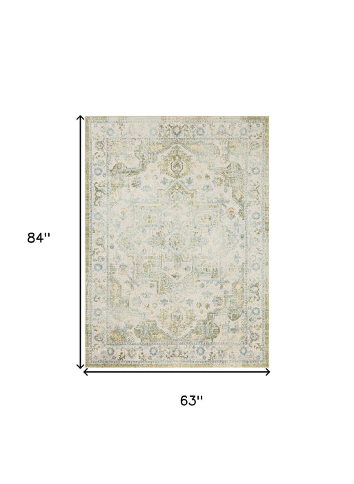 5' X 7' Floral Power Loom Distressed Area Rug (554964) - Ivory / Green