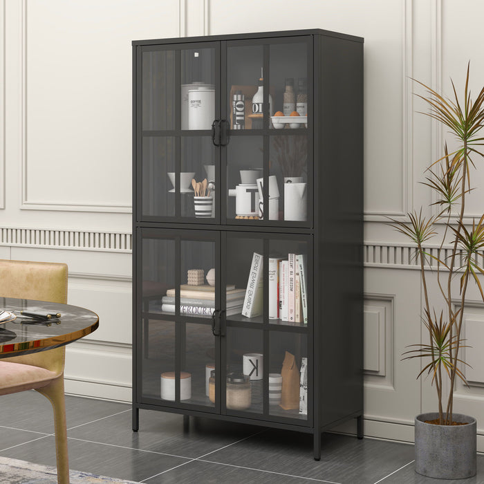 Giga black metal display cabinet with tempered glass doors, adjustable shelves, and anti-tipping device.