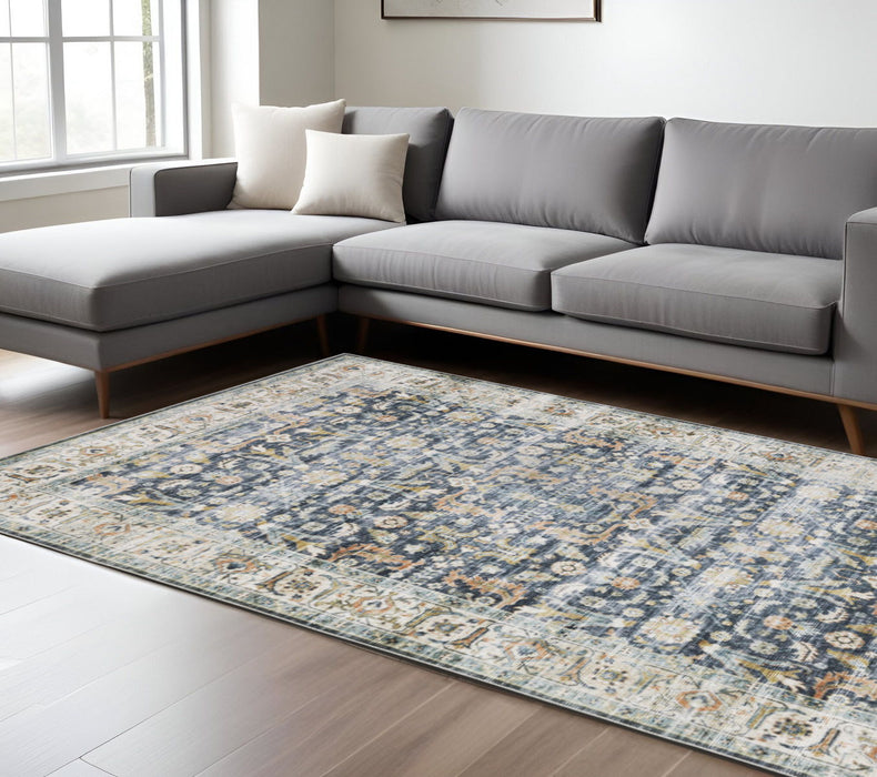 7' x 10' Oriental Printed Stain Resistant Non Skid Area Rug - Blue Gold Rust Ivory And Olive